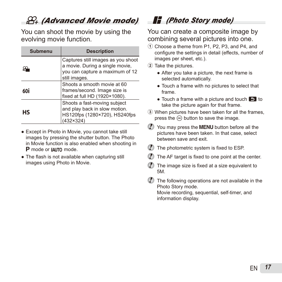 R(advanced movie mode), P (photo story mode), 17 en | Olympus SH60 User Manual | Page 17 / 88