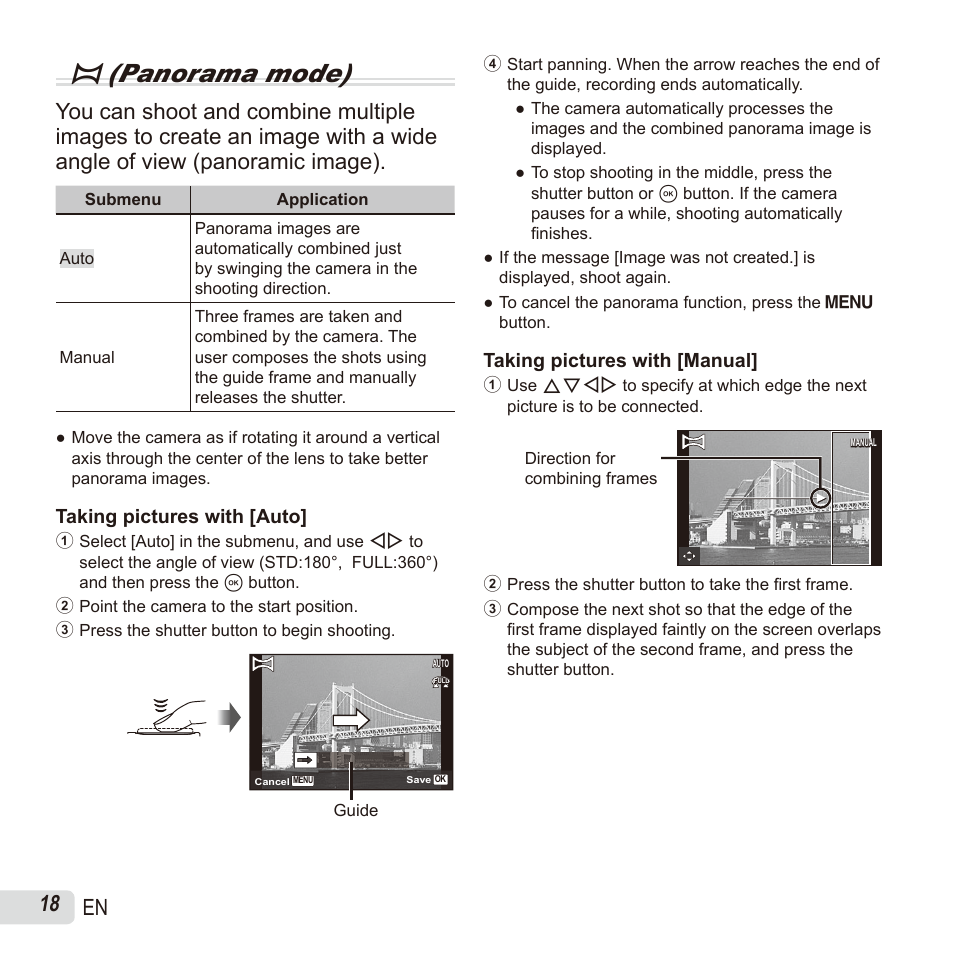 P(panorama mode), 18 en | Olympus SH60 User Manual | Page 18 / 88