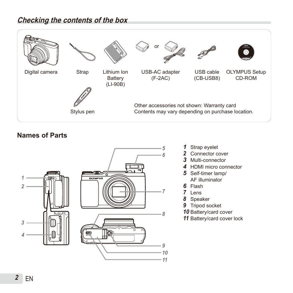 Preparing the camera, Checking the contents of the box, 2 en | Names of parts | Olympus SH60 User Manual | Page 2 / 88