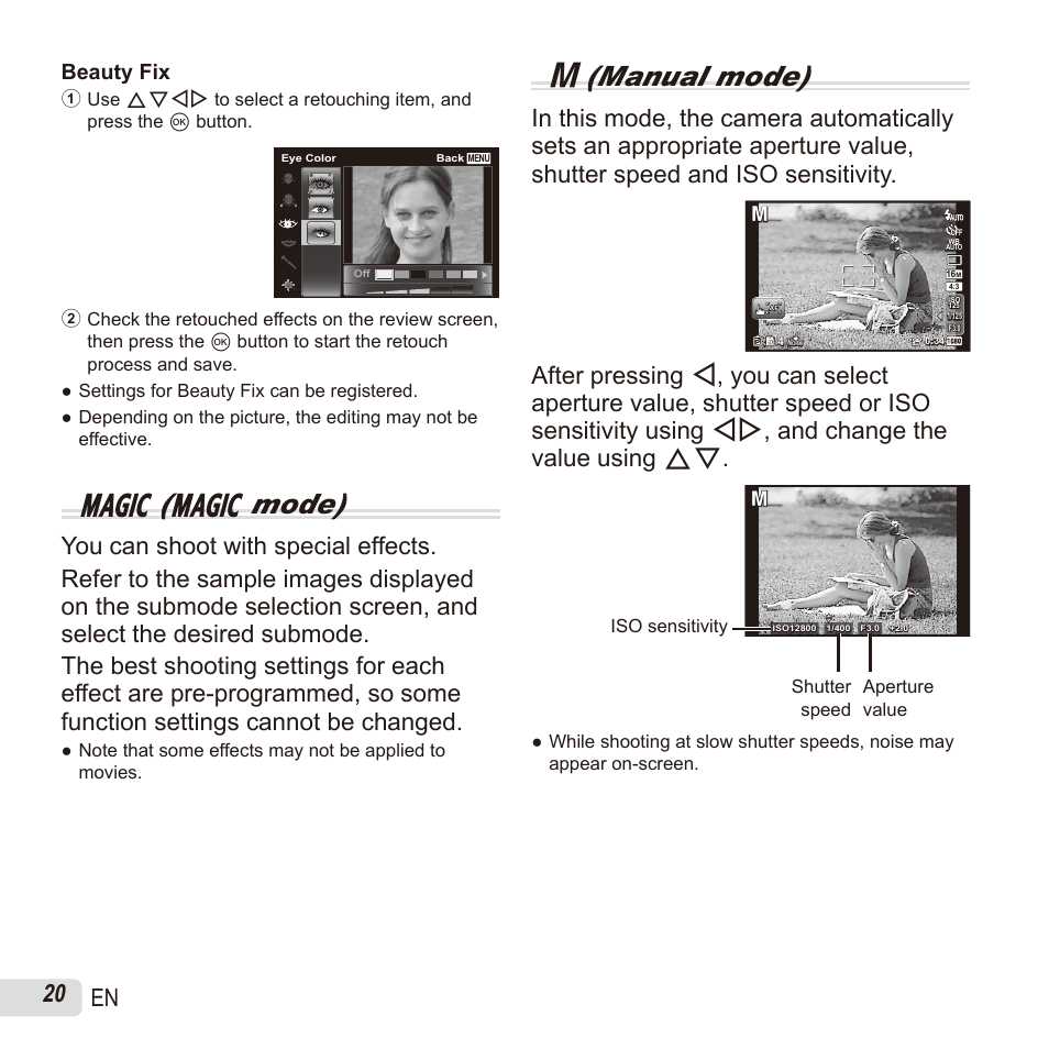 P( p mode), M(manual mode), 20 en | Beauty fix | Olympus SH60 User Manual | Page 20 / 88