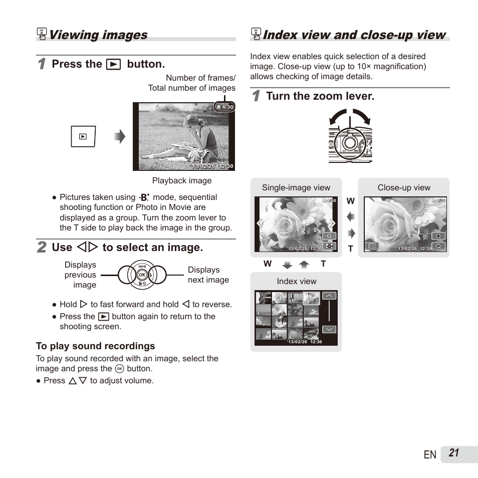 Playback, Viewing images, Index view and close-up view | 21 en, Press the q button, Use hi to select an image, Turn the zoom lever | Olympus SH60 User Manual | Page 21 / 88