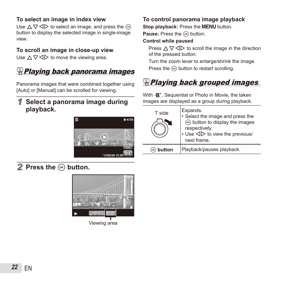 Playing back panorama images, Playing back grouped images, 22 en | Select a panorama image during playback, Press the a button | Olympus SH60 User Manual | Page 22 / 88