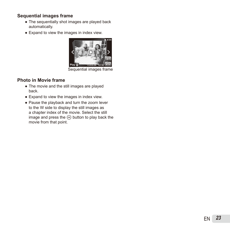 23 en, Sequential images frame, Photo in movie frame | Olympus SH60 User Manual | Page 23 / 88