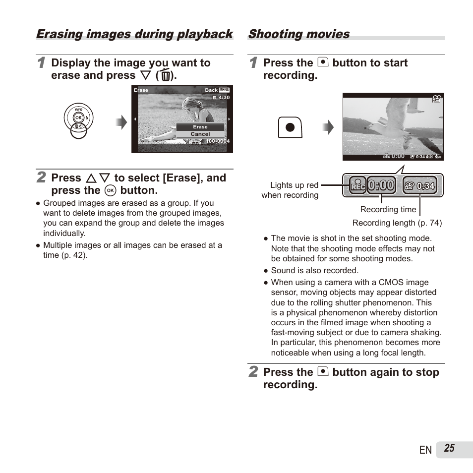 Erasing, Shooting movies, Erasing images during playback | 25 en, Press fg to select [erase], and press the a button, Press the f button to start recording, Press the f button again to stop recording | Olympus SH60 User Manual | Page 25 / 88