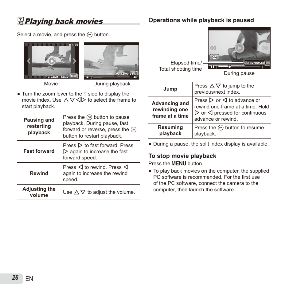 Playing back movies, 26 en, Operations while playback is paused | Olympus SH60 User Manual | Page 26 / 88