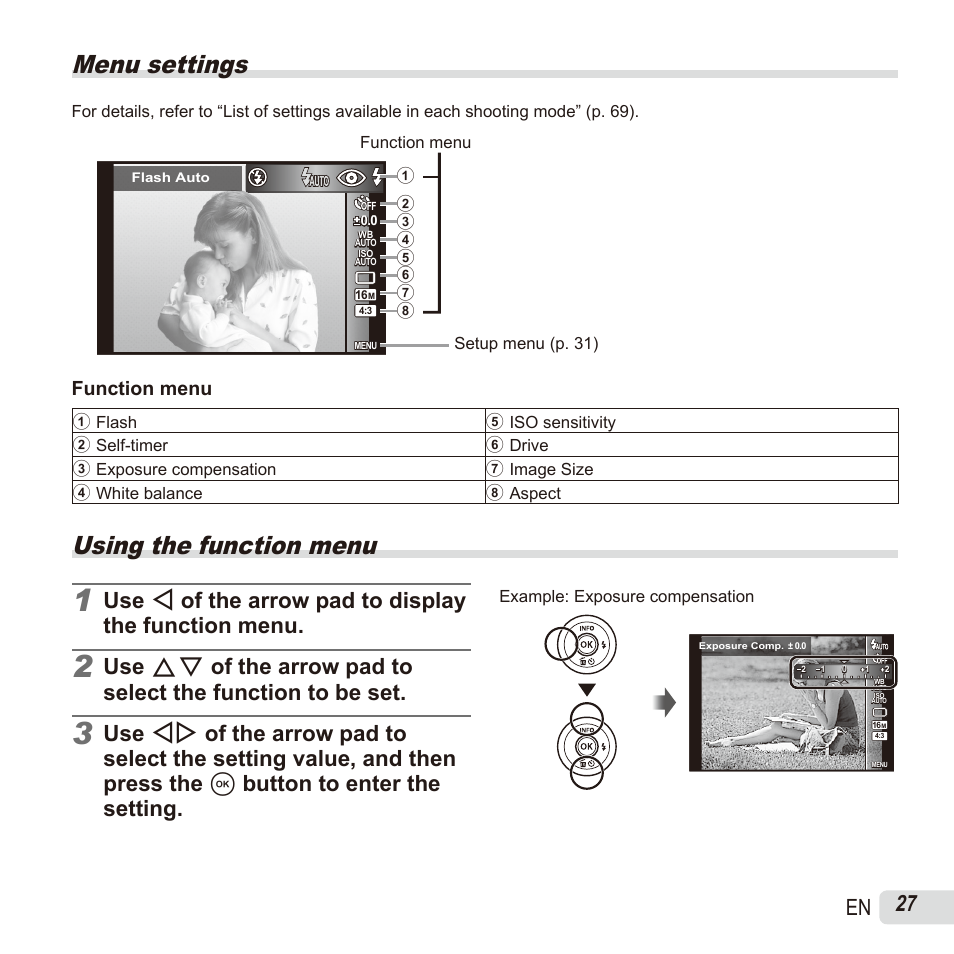 Menu settings, Using the function menu, 27 en | Function menu | Olympus SH60 User Manual | Page 27 / 88