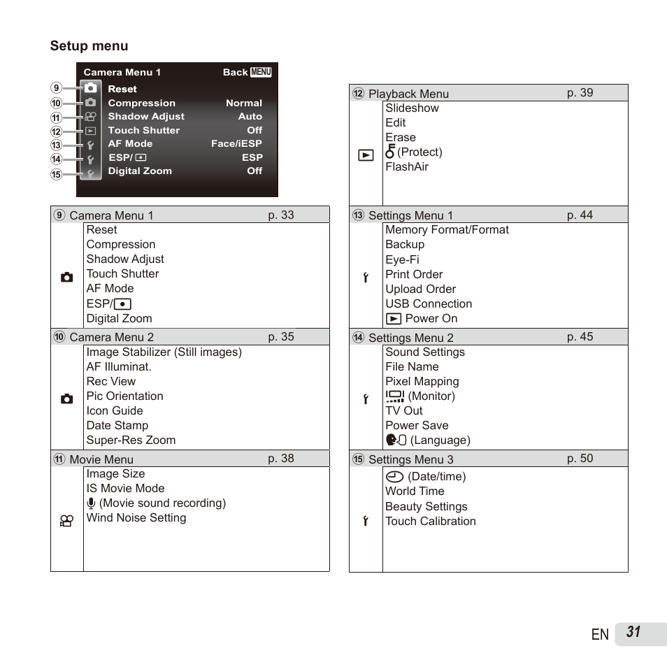 31 en, Setup menu | Olympus SH60 User Manual | Page 31 / 88