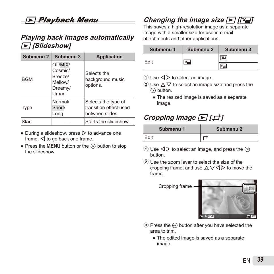Q playback menu, Playing back images automatically, Changing the image size | Changing the image size q q [ [ q q, Cropping image, Cropping image q q [ [ p p, 39 en | Olympus SH60 User Manual | Page 39 / 88