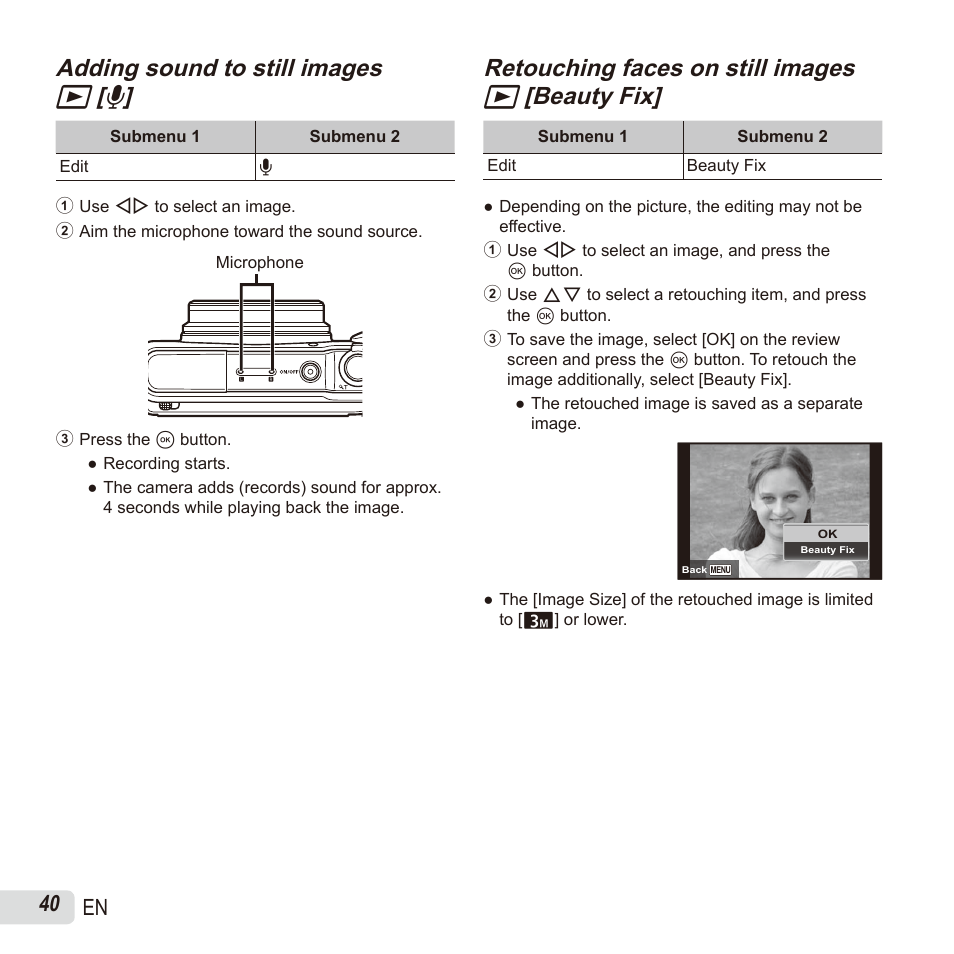 Adding sound to still images, Adding sound to still images q q [ [ r r, Retouching faces on still images | 40 en | Olympus SH60 User Manual | Page 40 / 88