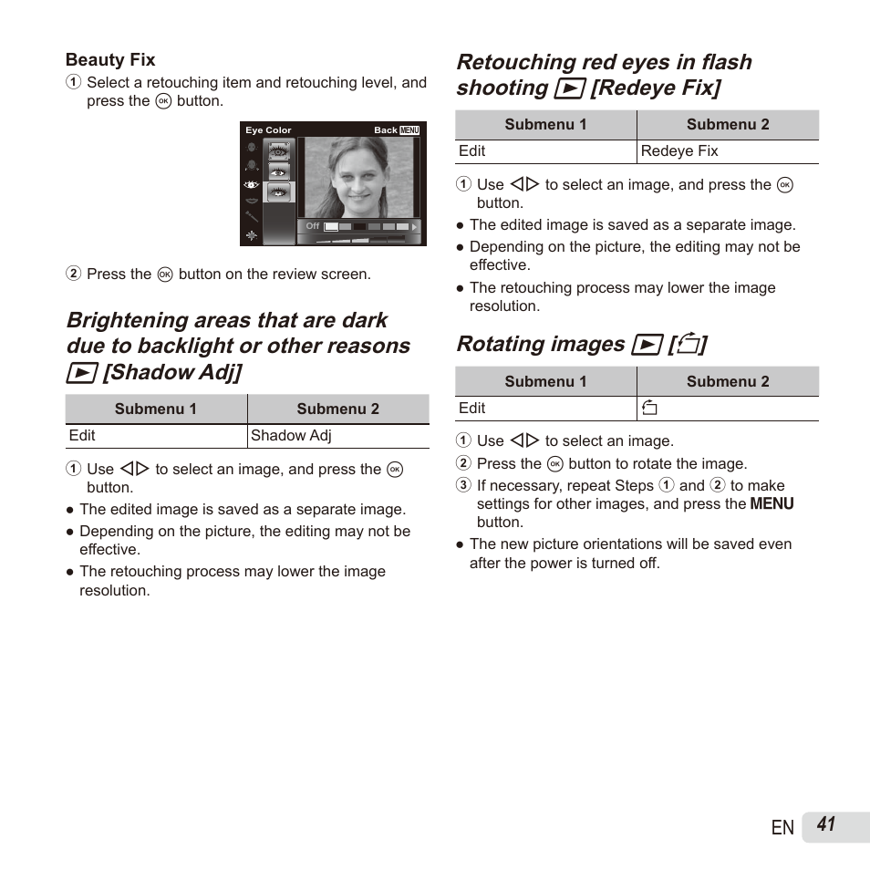 Rotating images, Rotating images q q [ [ y y, 41 en | Olympus SH60 User Manual | Page 41 / 88