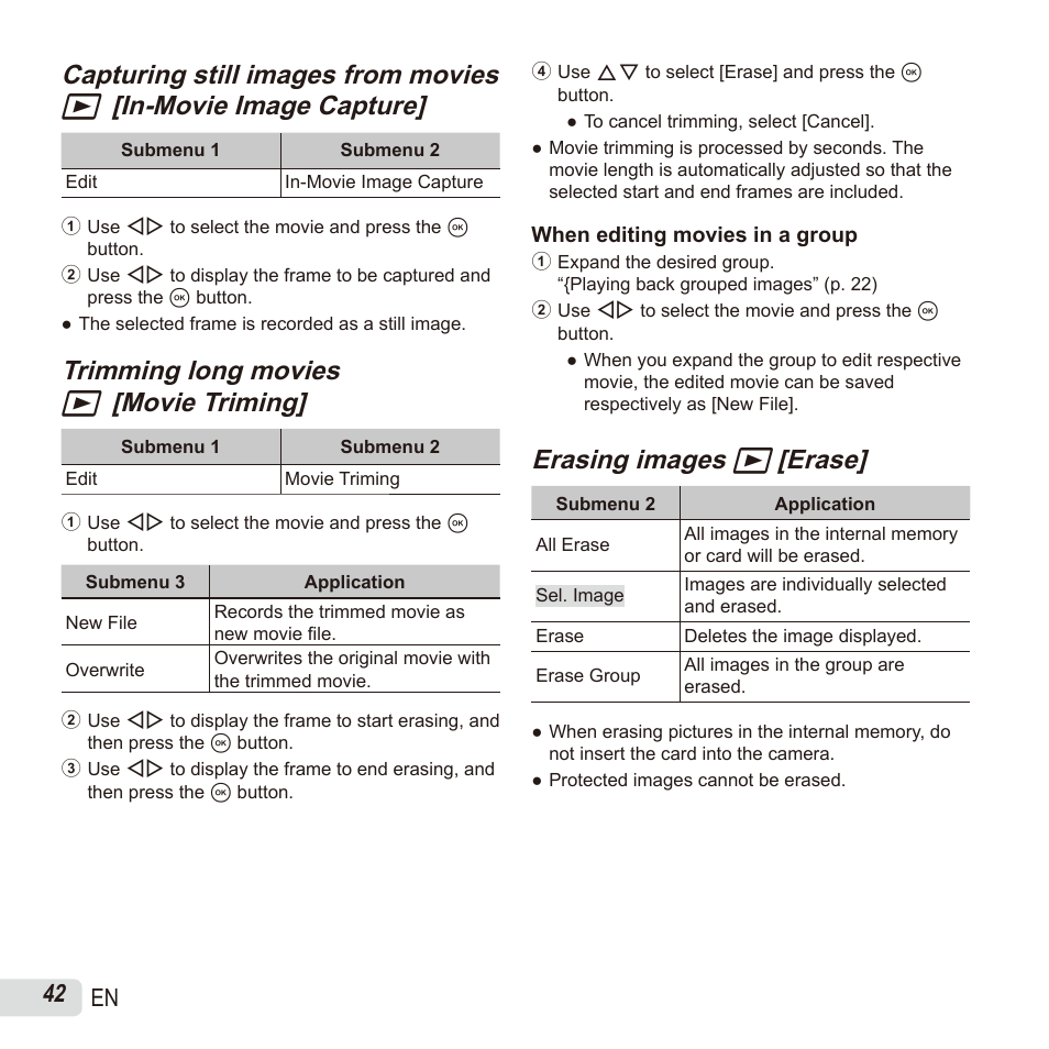 Capturing still images from movies, Trimming long movies, Erasing images | Erasing images q q [erase] [erase, 42 en | Olympus SH60 User Manual | Page 42 / 88