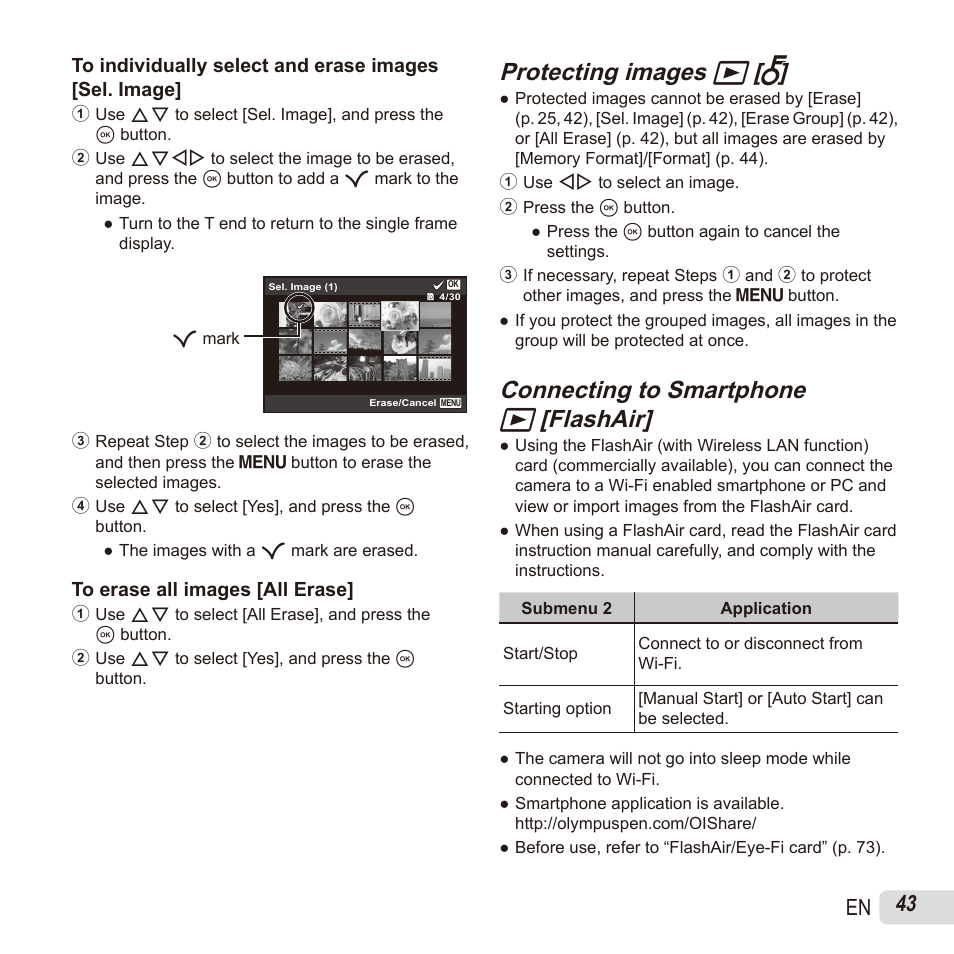 Protecting images, Protecting images q q [ [ r r, Connecting to smartphone | Connecting to smartphone q q [flashair] [flashair, 43 en | Olympus SH60 User Manual | Page 43 / 88