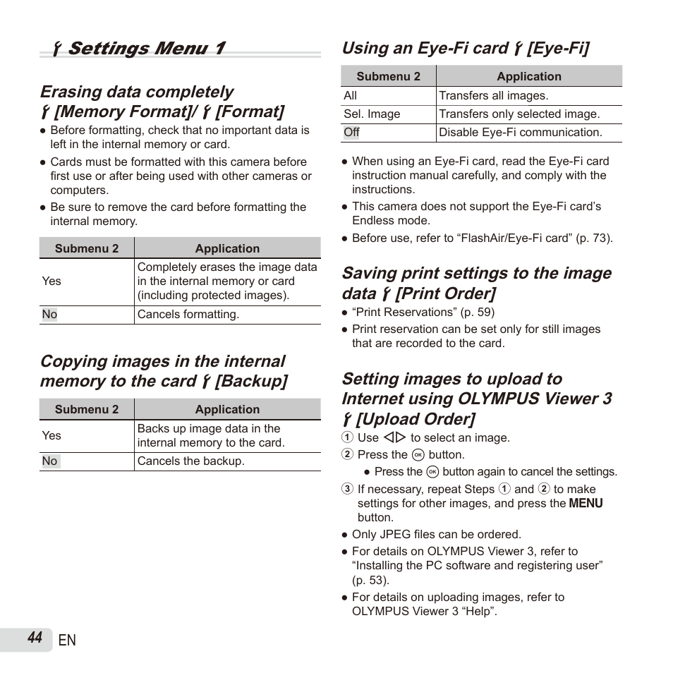 Dsettings menu 1, Erasing data completely, Using an eye-fi card | Using an eye-fi card dd [eye-fi] [eye-fi, 44 en | Olympus SH60 User Manual | Page 44 / 88