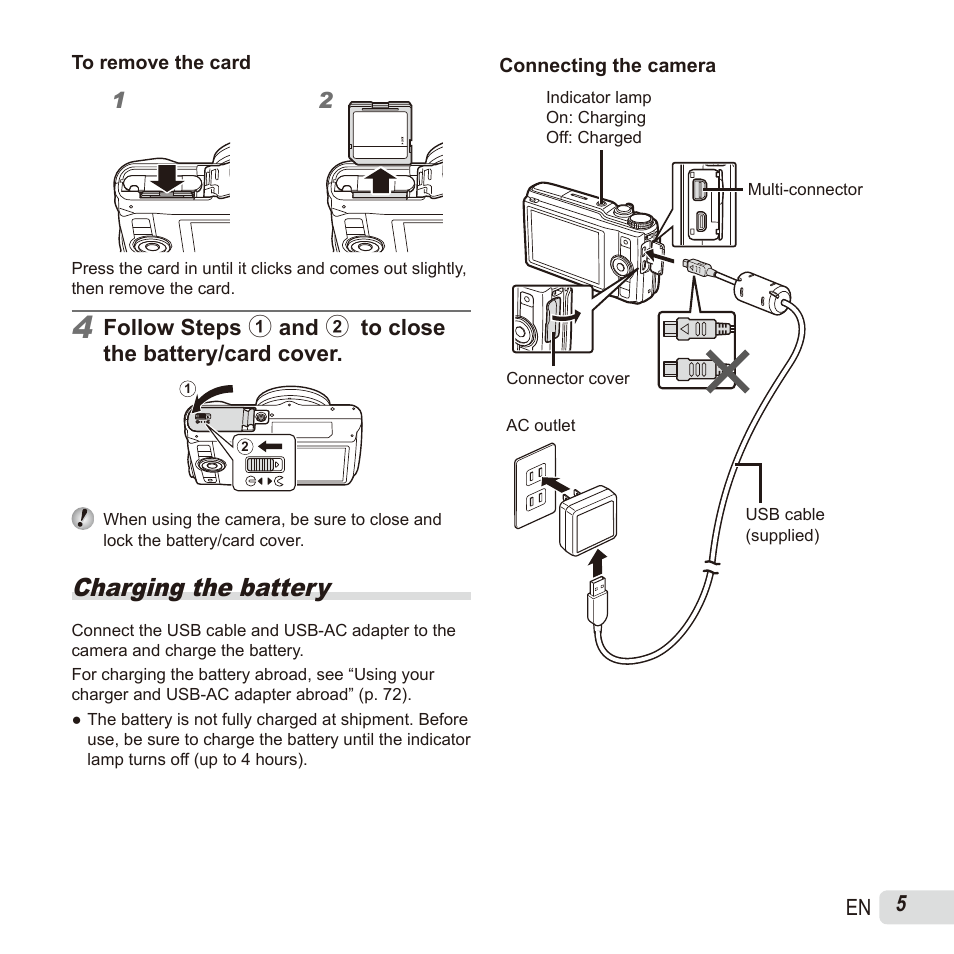 Charging the battery | Olympus SH60 User Manual | Page 5 / 88