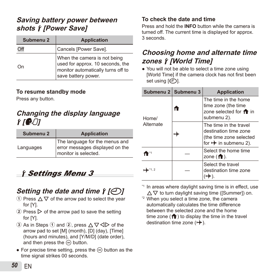 Dsettings menu 3, Changing the display language, Changing the display language dd [ [ l l | Setting the date and time, Setting the date and time dd [ [ x x, 50 en | Olympus SH60 User Manual | Page 50 / 88