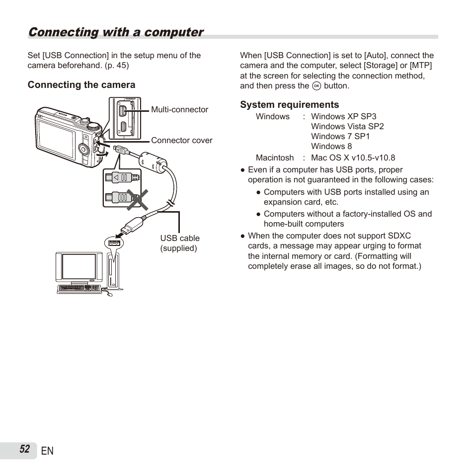 Connecting with a computer, 52 en | Olympus SH60 User Manual | Page 52 / 88