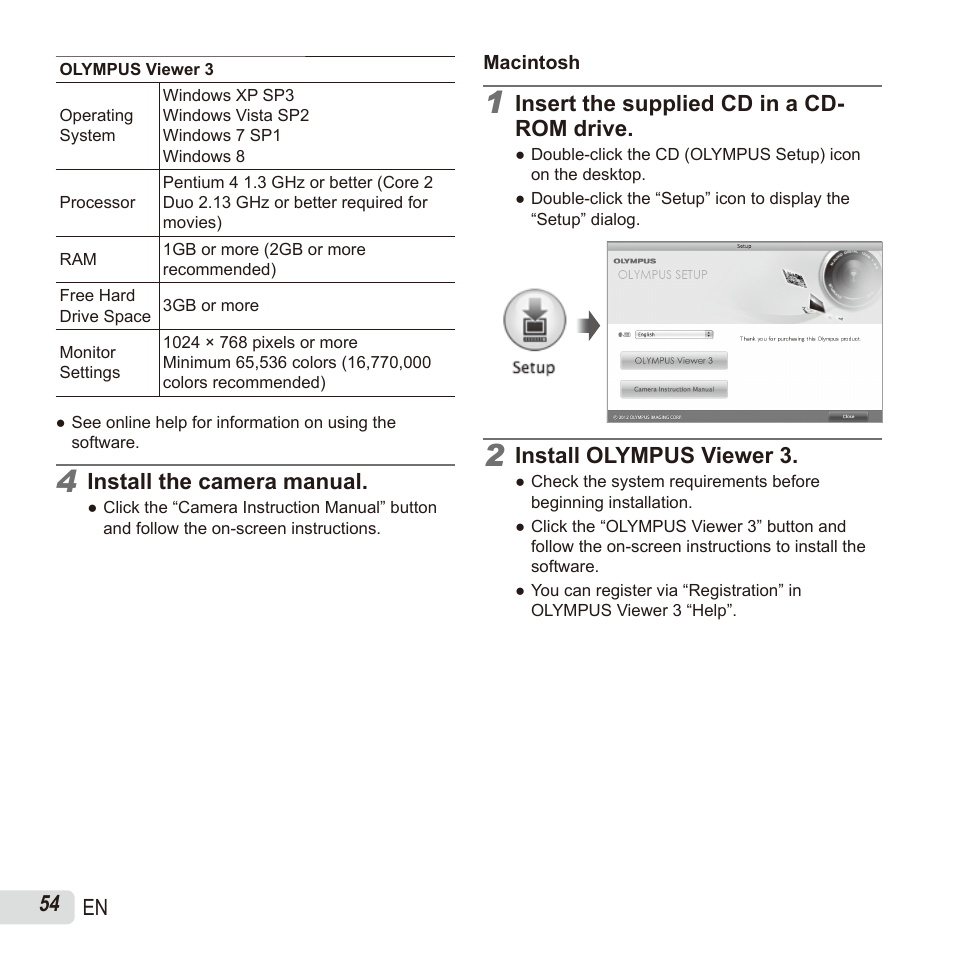 54 en, Install the camera manual, Insert the supplied cd in a cd- rom drive | Install olympus viewer 3 | Olympus SH60 User Manual | Page 54 / 88