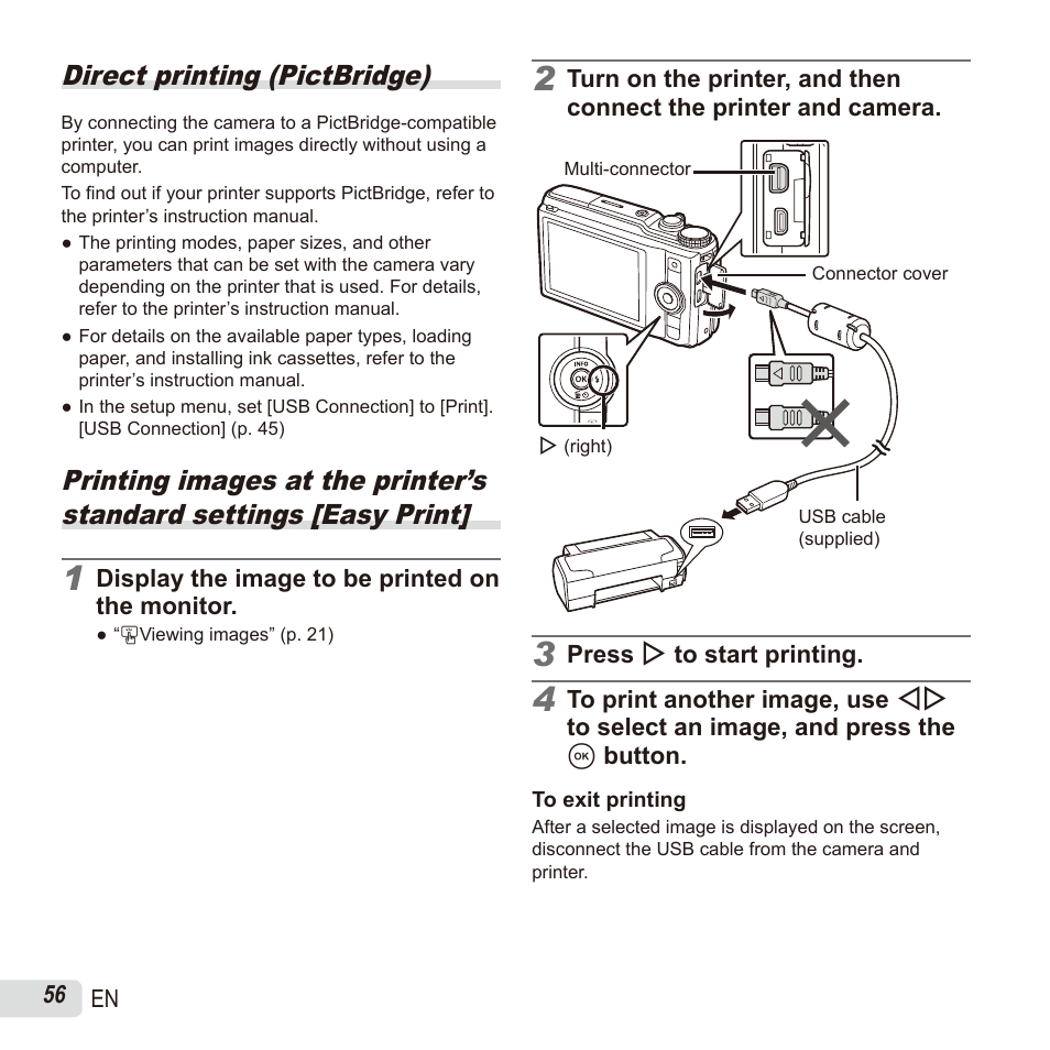 Printing, Direct printing (pictbridge) | Olympus SH60 User Manual | Page 56 / 88
