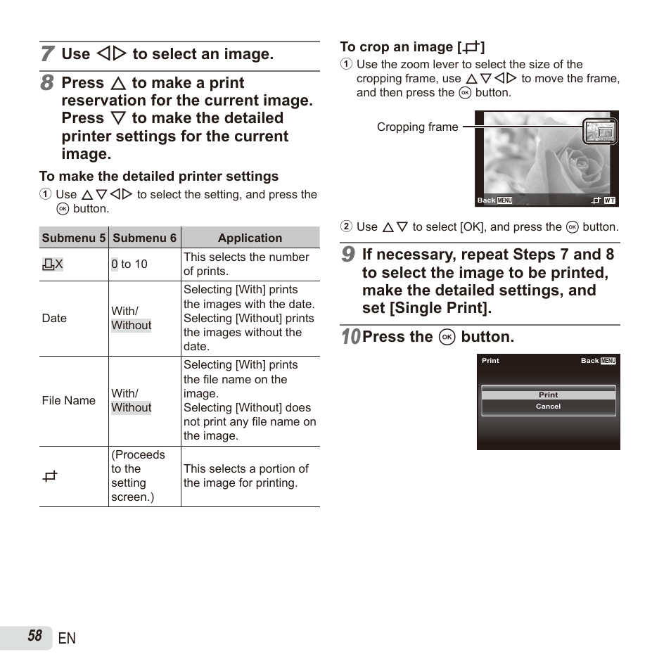 58 en, Use hi to select an image, Press the a button | Olympus SH60 User Manual | Page 58 / 88
