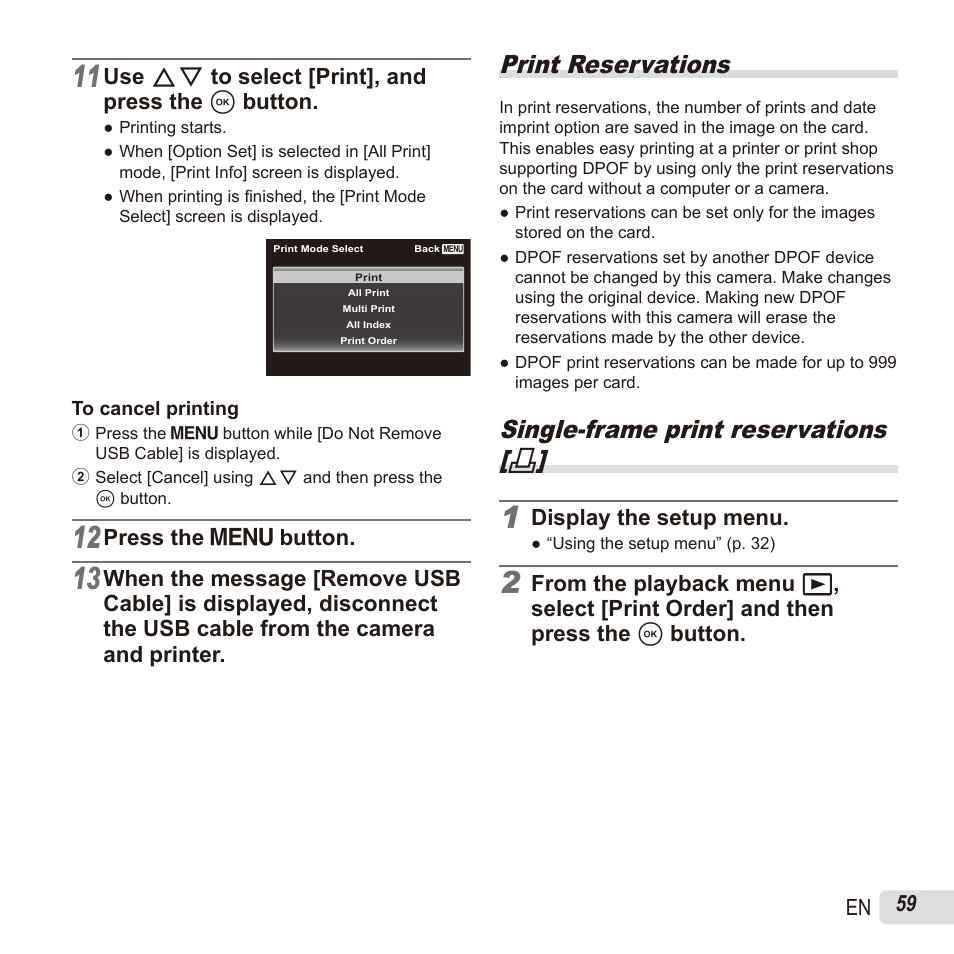 Print reservations, Single-frame print reservations, 59 en | Use fg to select [print], and press the a button, Press the  button, Display the setup menu | Olympus SH60 User Manual | Page 59 / 88