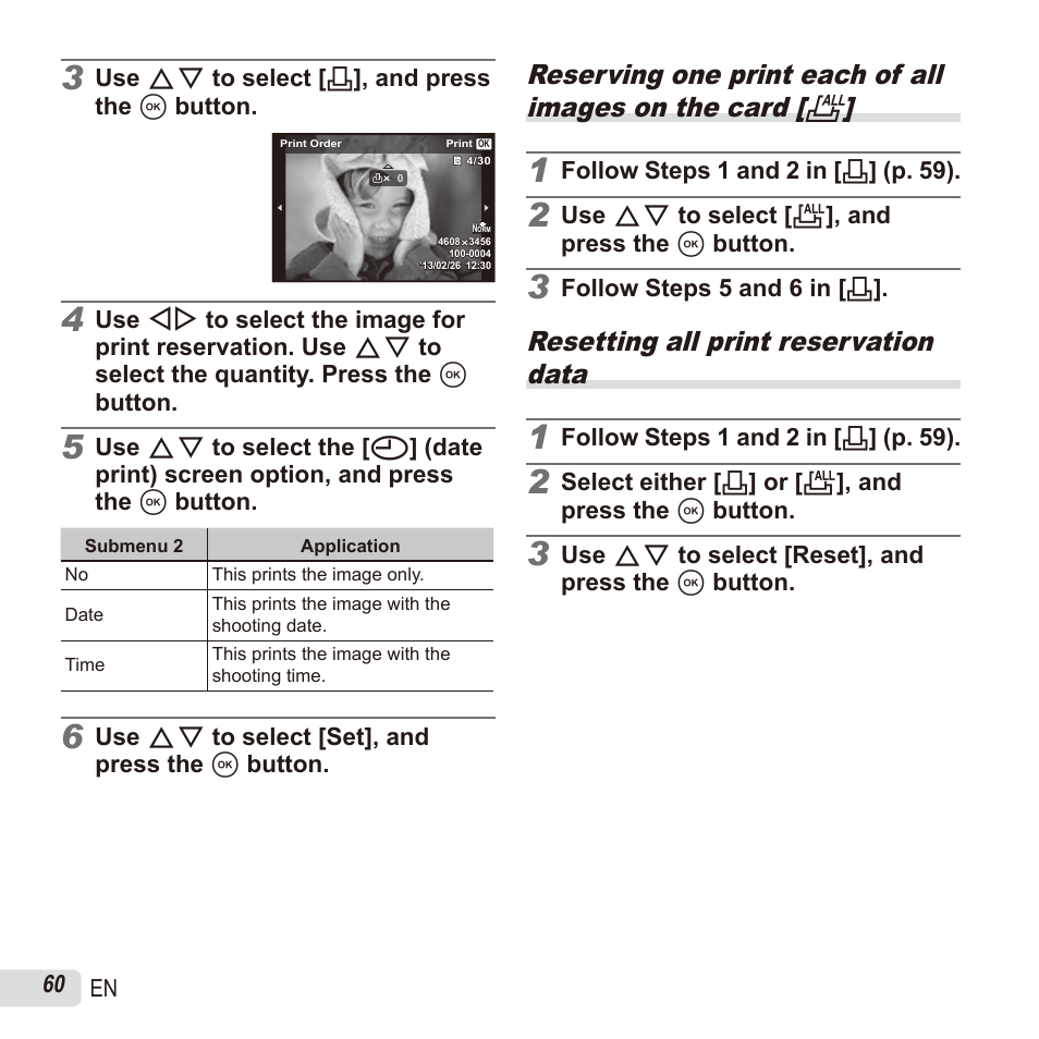 Resetting all print reservation data | Olympus SH60 User Manual | Page 60 / 88