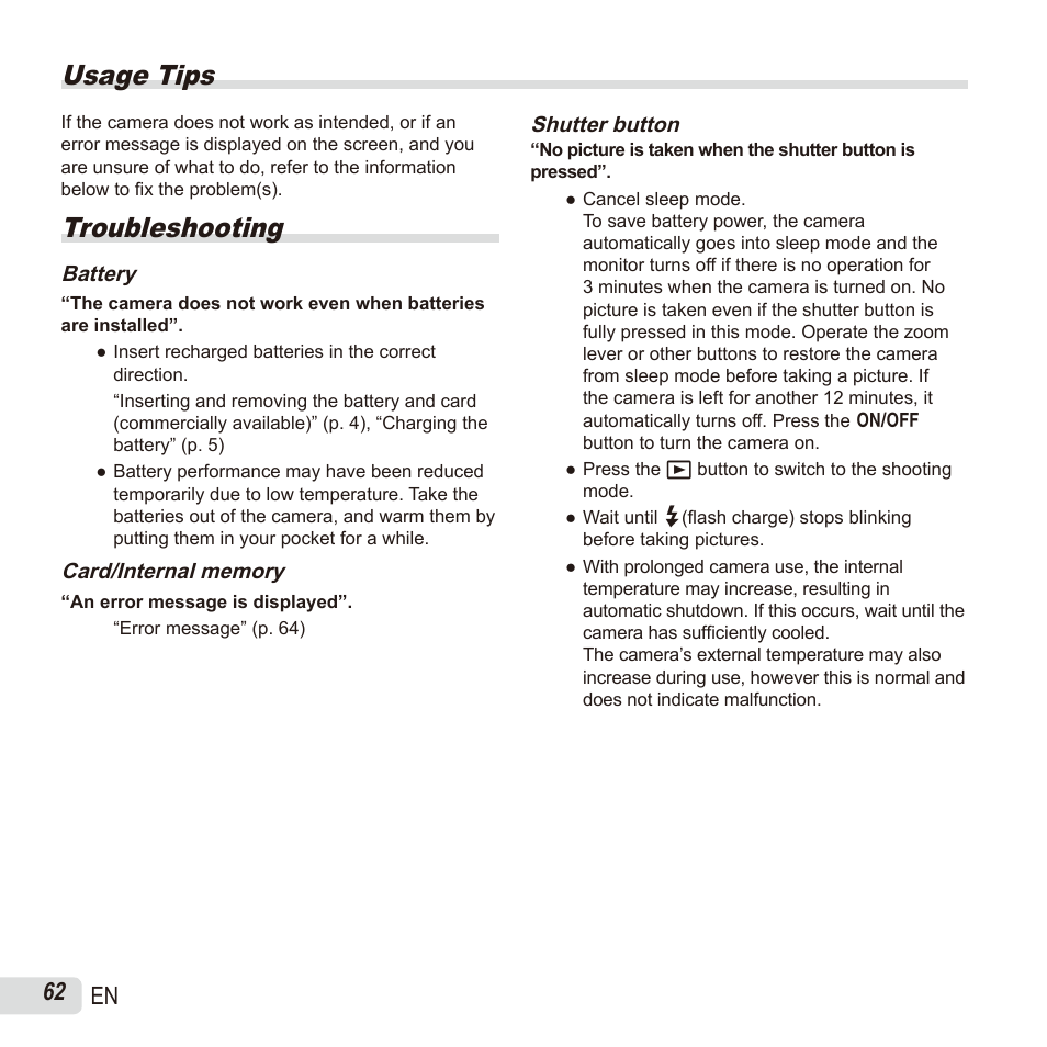 Usage tips, Troubleshooting, 62 en | Olympus SH60 User Manual | Page 62 / 88