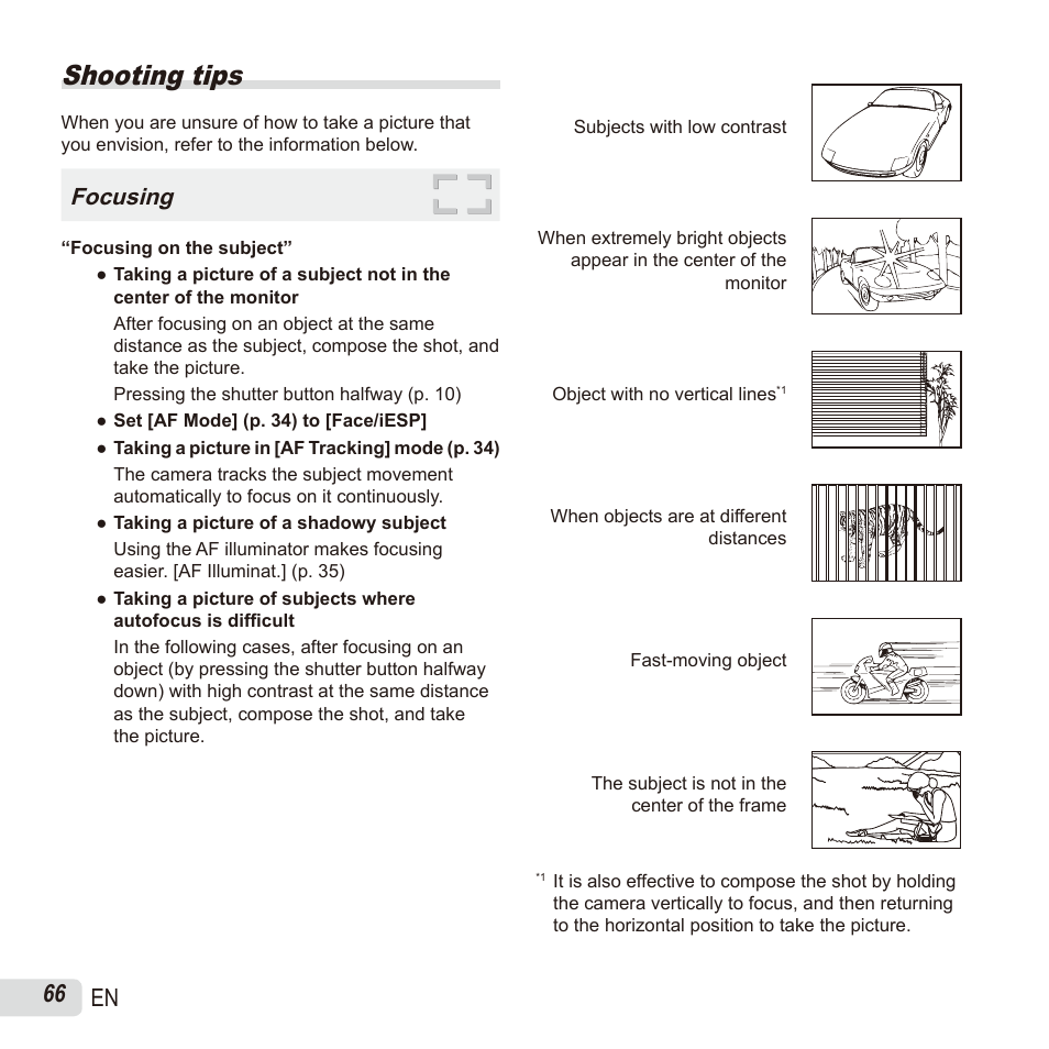 Shooting tips, 66 en, Focusing | Olympus SH60 User Manual | Page 66 / 88