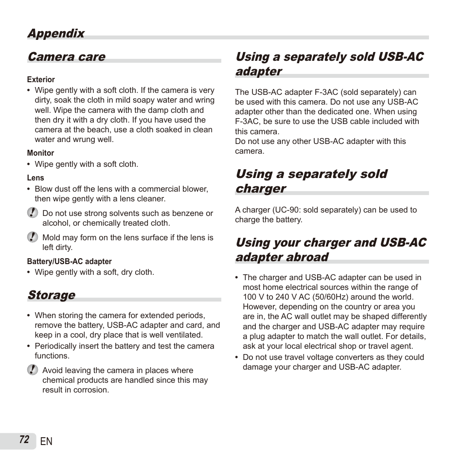 Appendix, Appendix camera care, Storage | Using a separately sold usb-ac adapter, Using a separately sold charger, Using your charger and usb-ac adapter abroad, 72 en | Olympus SH60 User Manual | Page 72 / 88