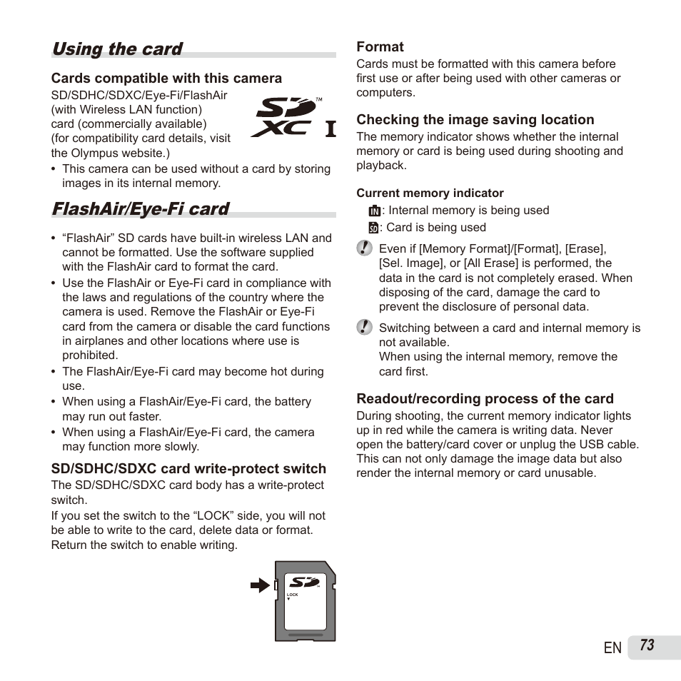 Using the card, Flashair/eye-fi card, 73 en | Olympus SH60 User Manual | Page 73 / 88