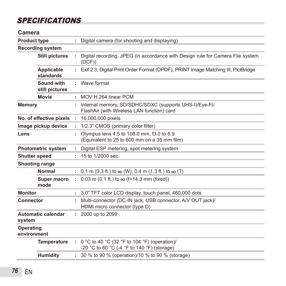 Specifications, 76 en | Olympus SH60 User Manual | Page 76 / 88
