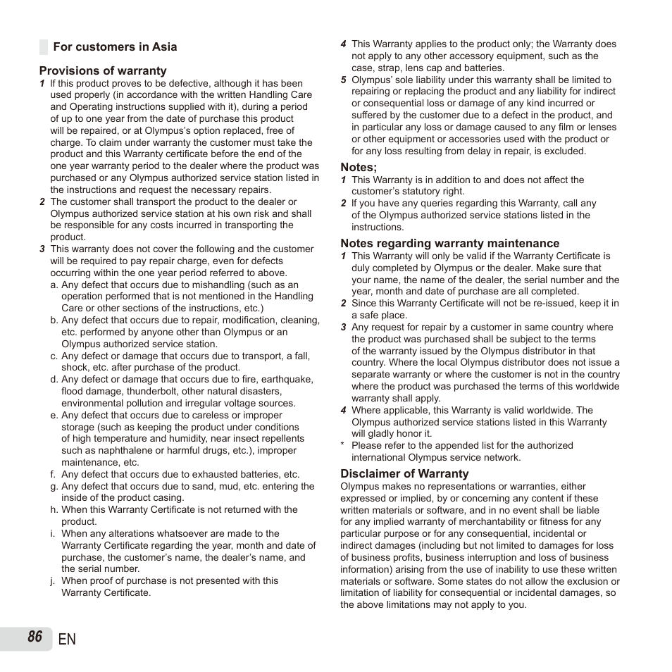 86 en | Olympus SH60 User Manual | Page 86 / 88
