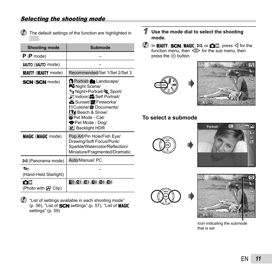 11 en, Selecting the shooting mode | Olympus SP-820UZ User Manual | Page 11 / 76