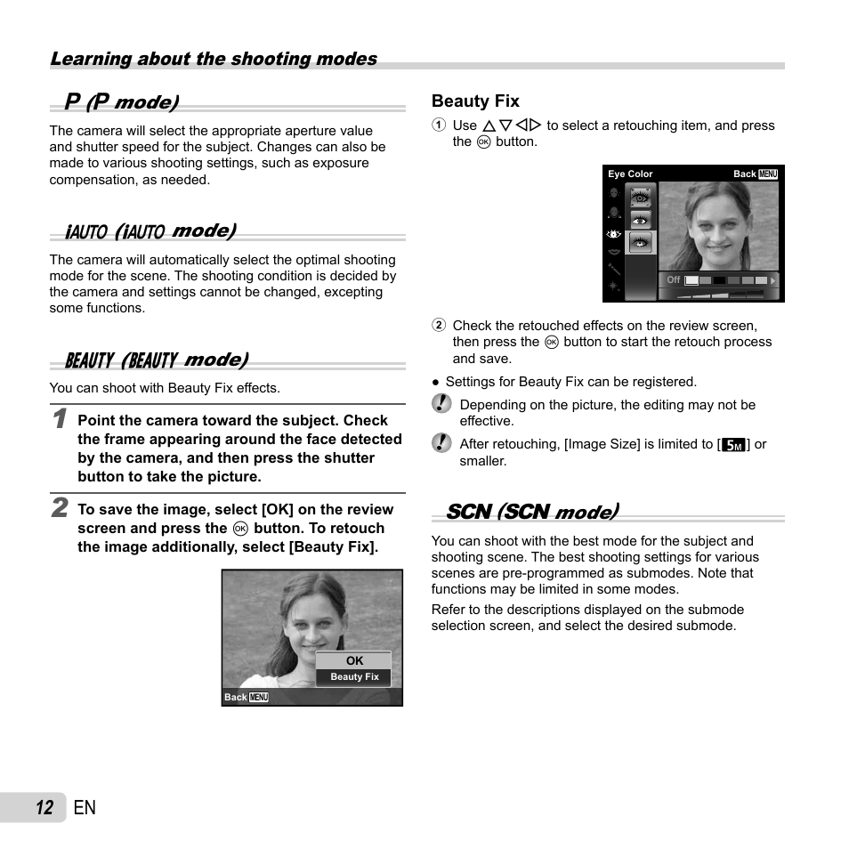 12 en, P( p mode), M( m mode) | Q( q mode), Mode), Learning about the shooting modes | Olympus SP-820UZ User Manual | Page 12 / 76