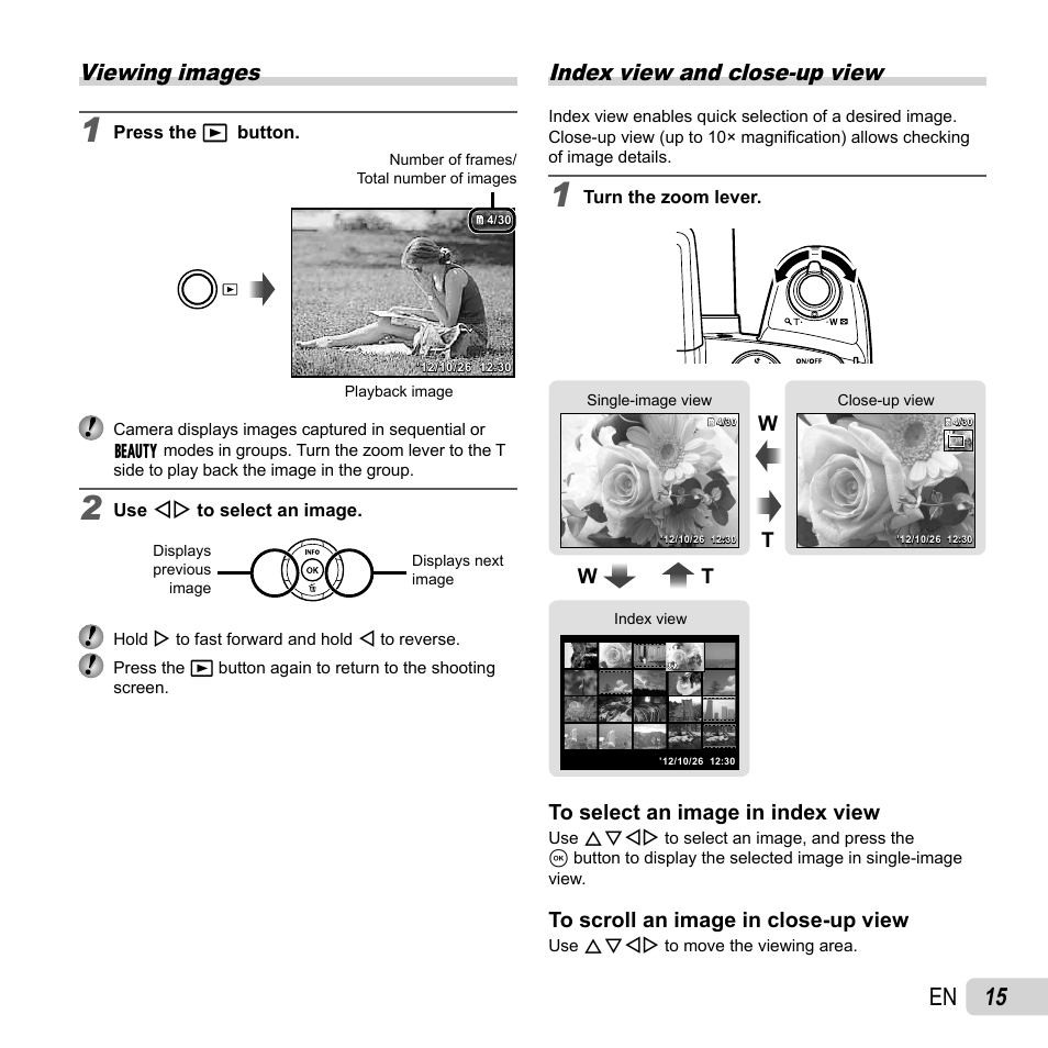 Viewing images, 15 en, Index view and close-up view | Wt w t | Olympus SP-820UZ User Manual | Page 15 / 76