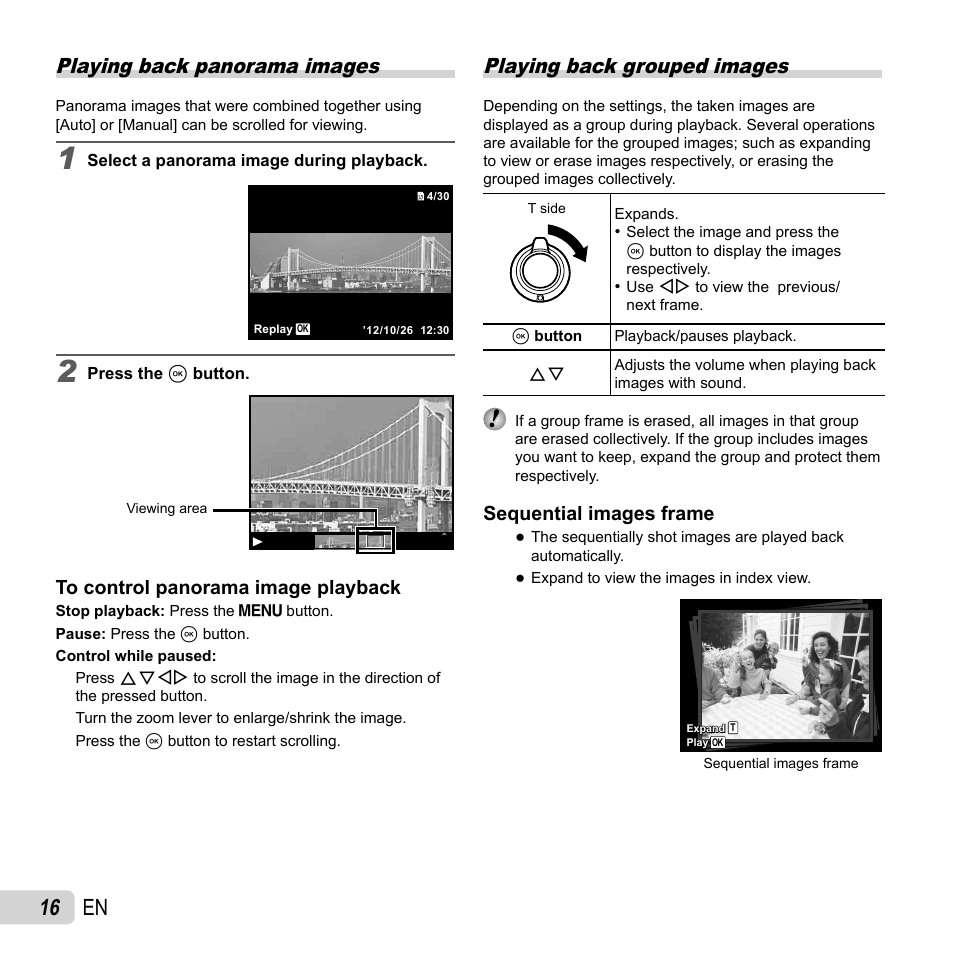 16 en, Playing back panorama images, Playing back grouped images | Sequential images frame | Olympus SP-820UZ User Manual | Page 16 / 76