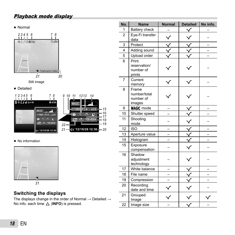 18 en, Playback mode display, Switching the displays | Olympus SP-820UZ User Manual | Page 18 / 76