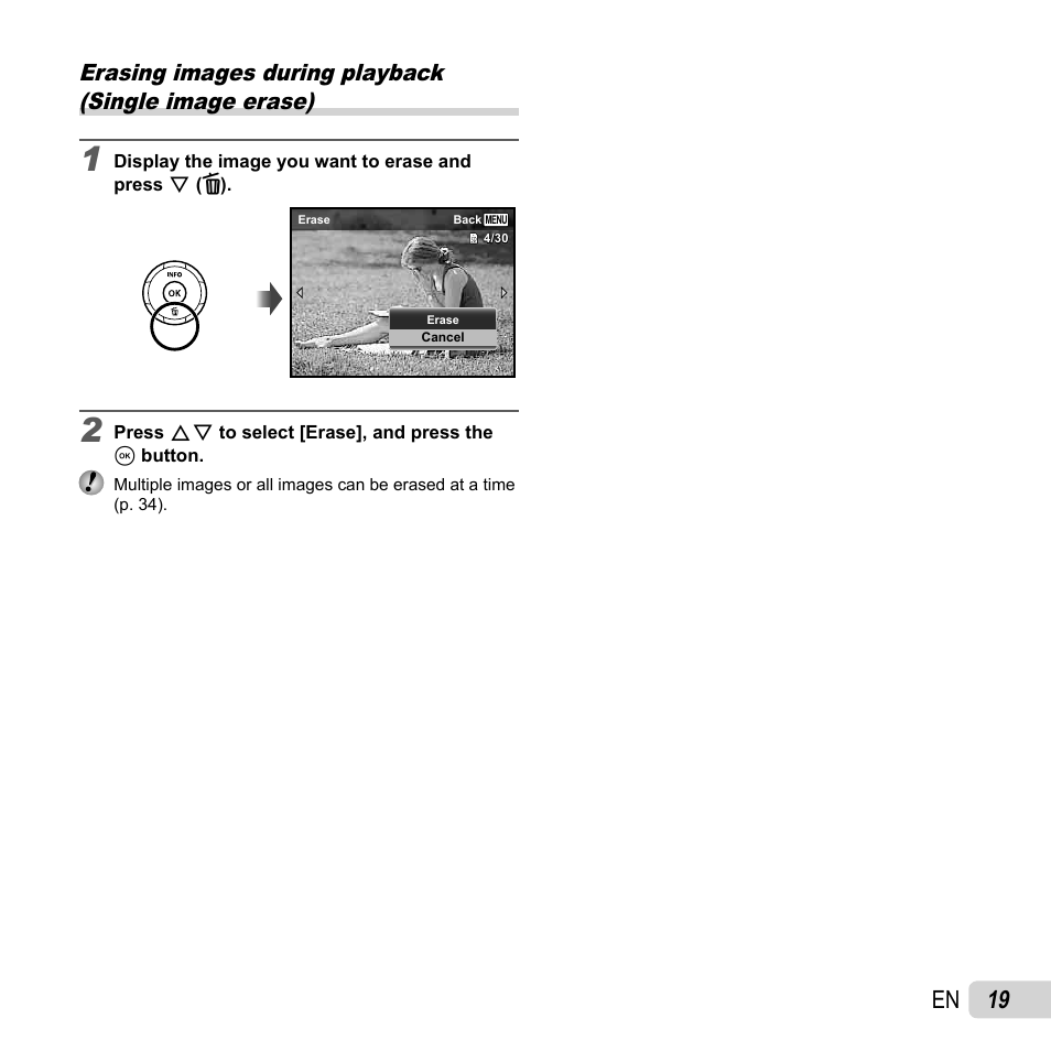 Erasing images during playback, 19 en | Olympus SP-820UZ User Manual | Page 19 / 76