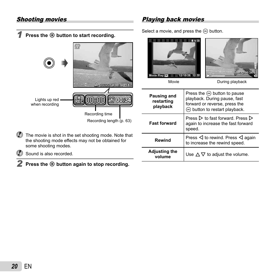 Shooting movies, 20 en, Playing back movies | Olympus SP-820UZ User Manual | Page 20 / 76