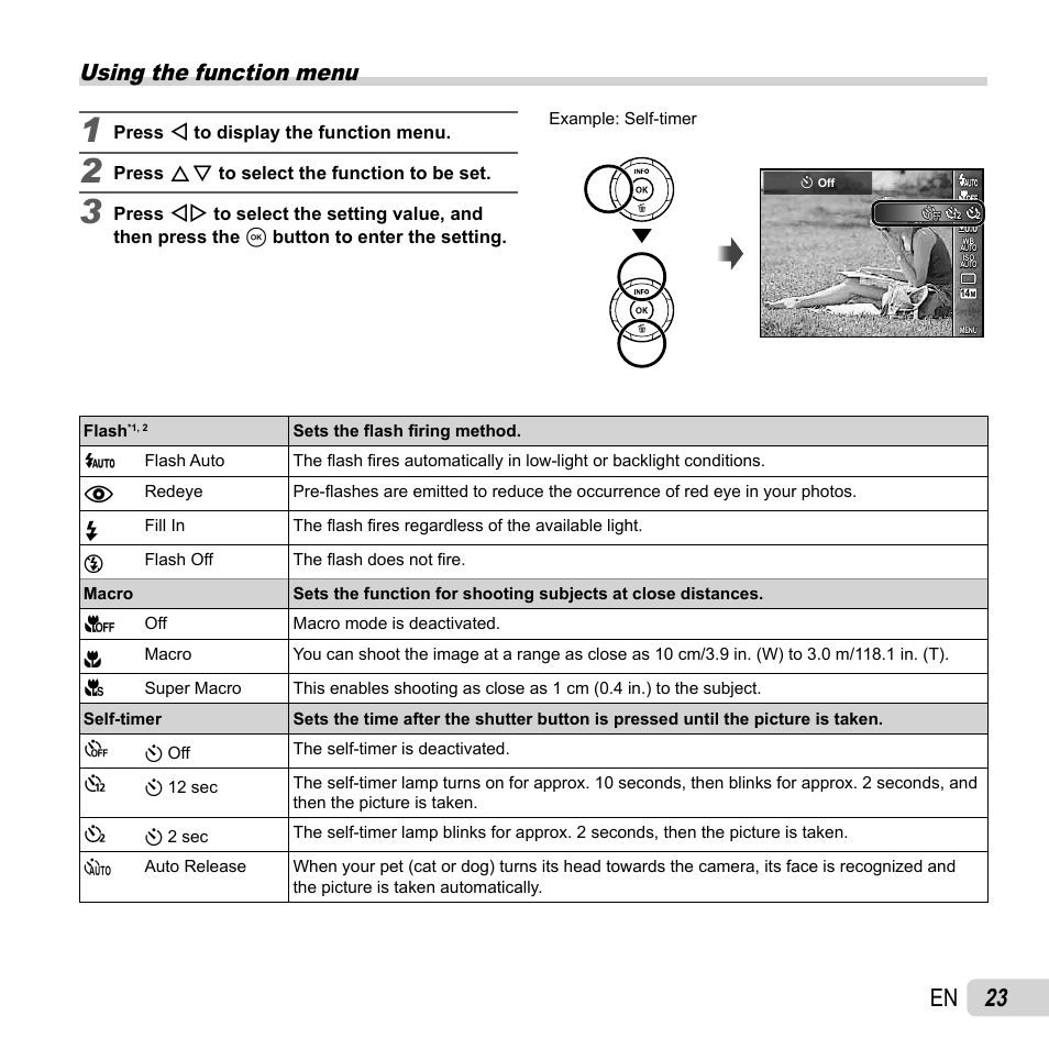 23 en, Using the function menu | Olympus SP-820UZ User Manual | Page 23 / 76