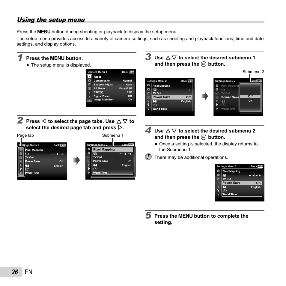26 en, Using the setup menu, Press the  button to complete the setting | Press the  button, The setup menu is displayed | Olympus SP-820UZ User Manual | Page 26 / 76