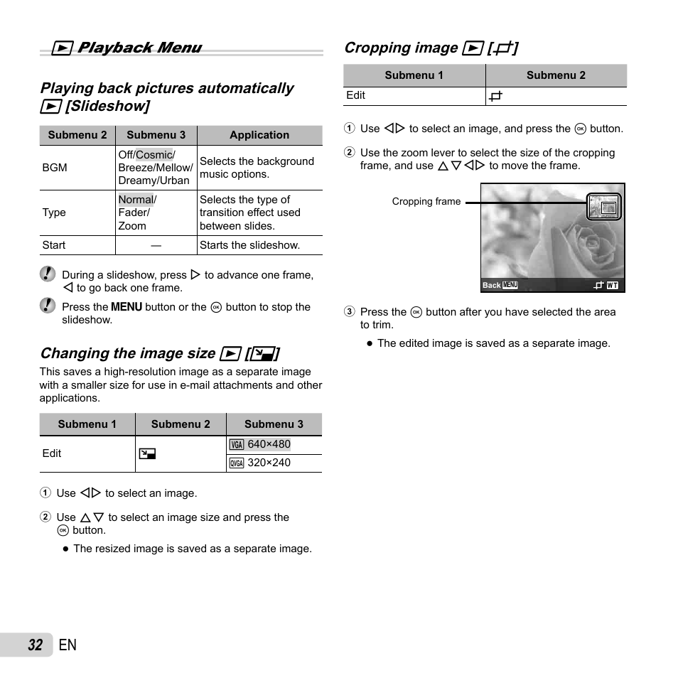 32 en, Changing the image size, Changing the image size q q [ [ q q | Cropping image, Cropping image q q [ [ p p | Olympus SP-820UZ User Manual | Page 32 / 76