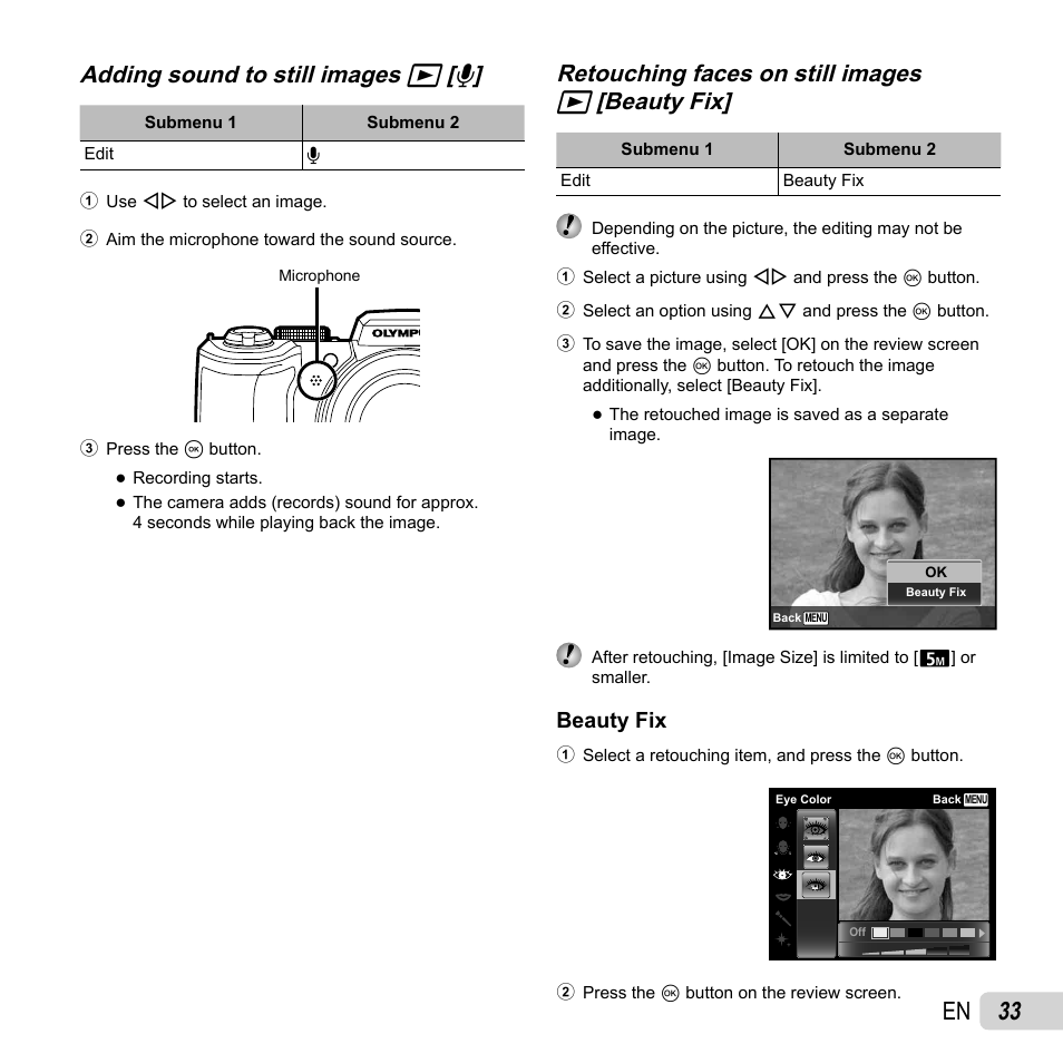 33 en, Adding sound to still images, Adding sound to still images q q [ [ r r | Retouching faces on still images | Olympus SP-820UZ User Manual | Page 33 / 76