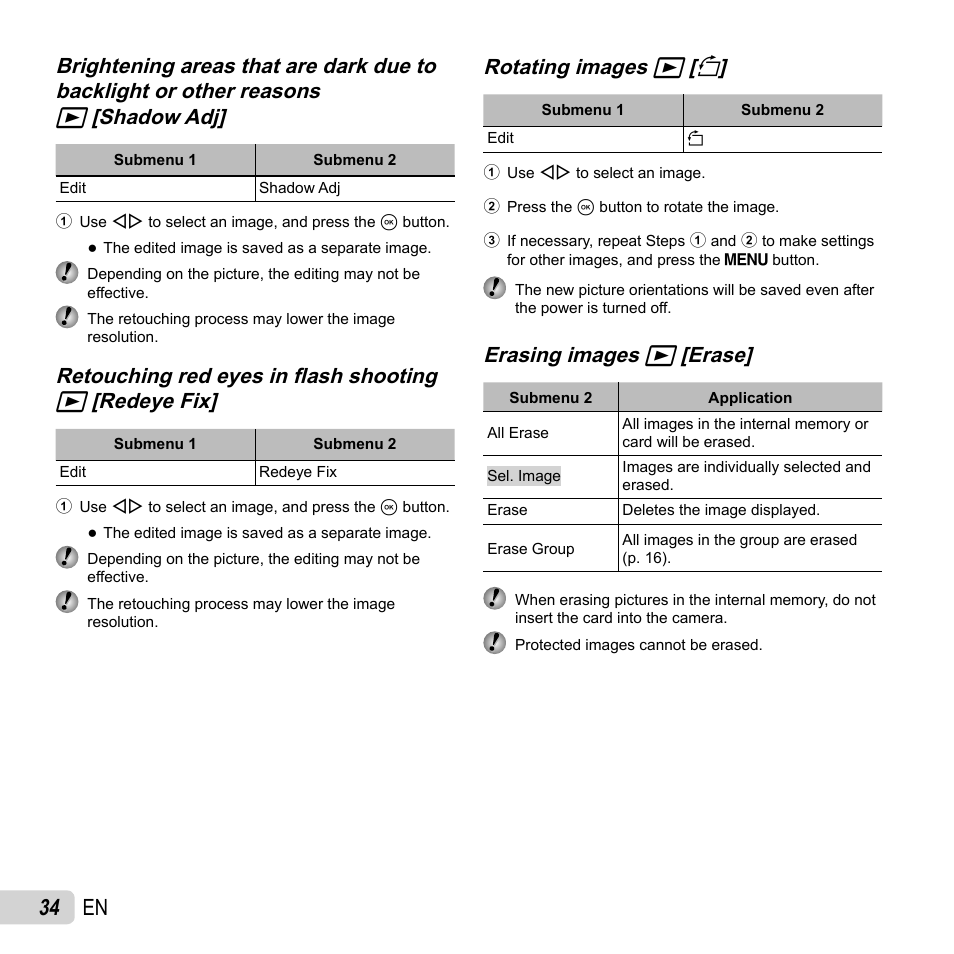 34 en, Retouching red eyes in fl ash shooting, Rotating images | Rotating images q q [ [ y y, Erasing images, Erasing images q q [erase] [erase | Olympus SP-820UZ User Manual | Page 34 / 76