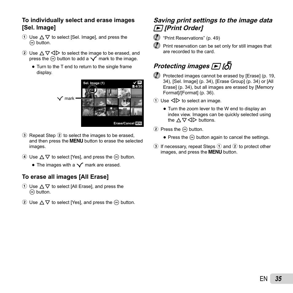 35 en, Saving print settings to the image data, Protecting images | Protecting images q q [ [ r r | Olympus SP-820UZ User Manual | Page 35 / 76
