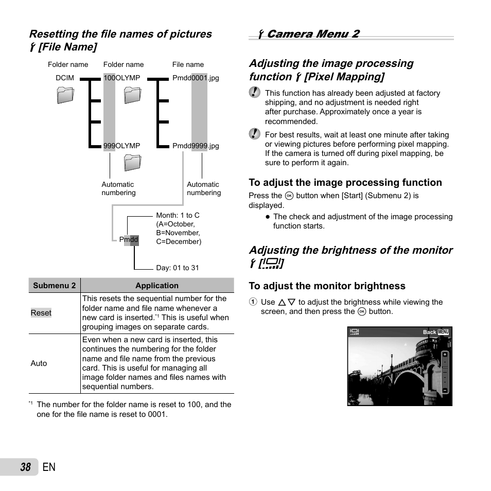 38 en, Resetting the fi le names of pictures, Adjusting the brightness of the monitor | Adjusting the brightness of the monitor dd [ [ s s | Olympus SP-820UZ User Manual | Page 38 / 76