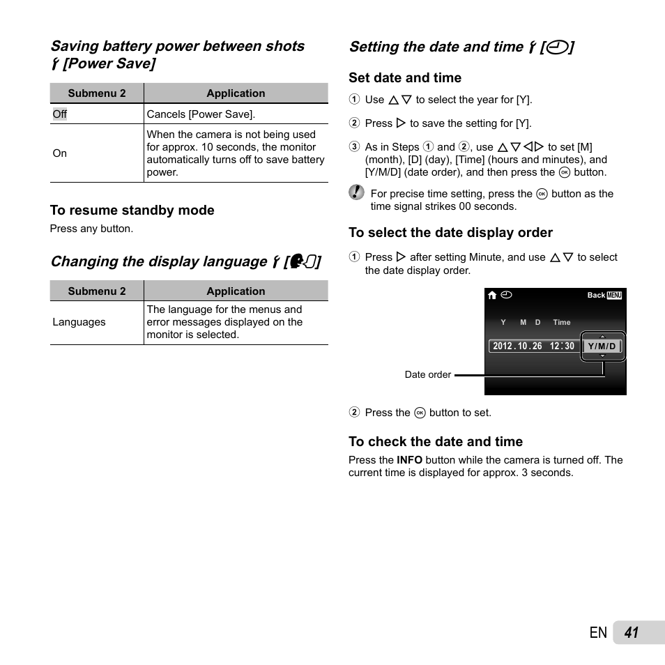 41 en, Saving battery power between shots, Changing the display language | Changing the display language dd [ [ l l, Setting the date and time, Setting the date and time dd [ [ x x | Olympus SP-820UZ User Manual | Page 41 / 76