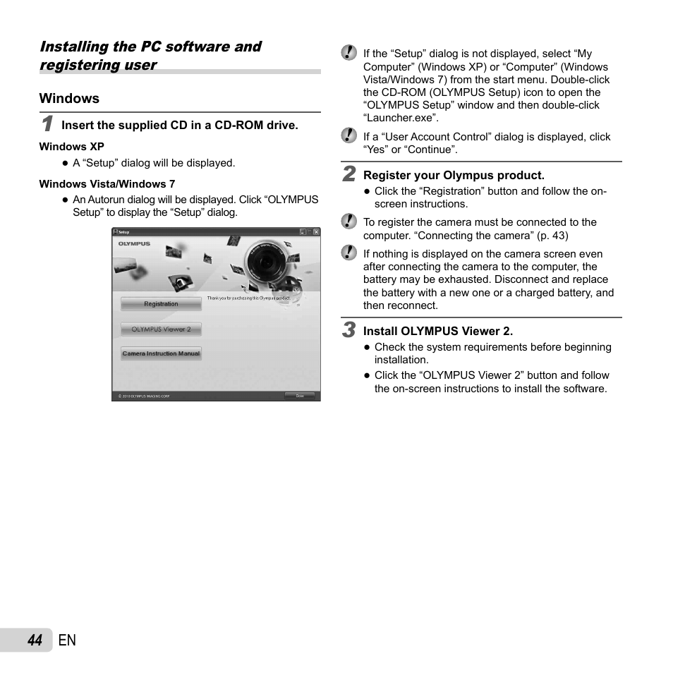 44 en, Installing the pc software and registering user | Olympus SP-820UZ User Manual | Page 44 / 76