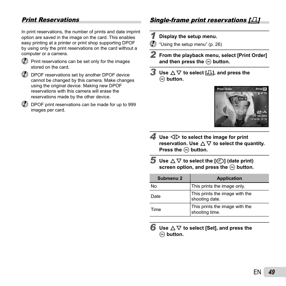 49 en, Print reservations, Single-frame print reservations | Olympus SP-820UZ User Manual | Page 49 / 76