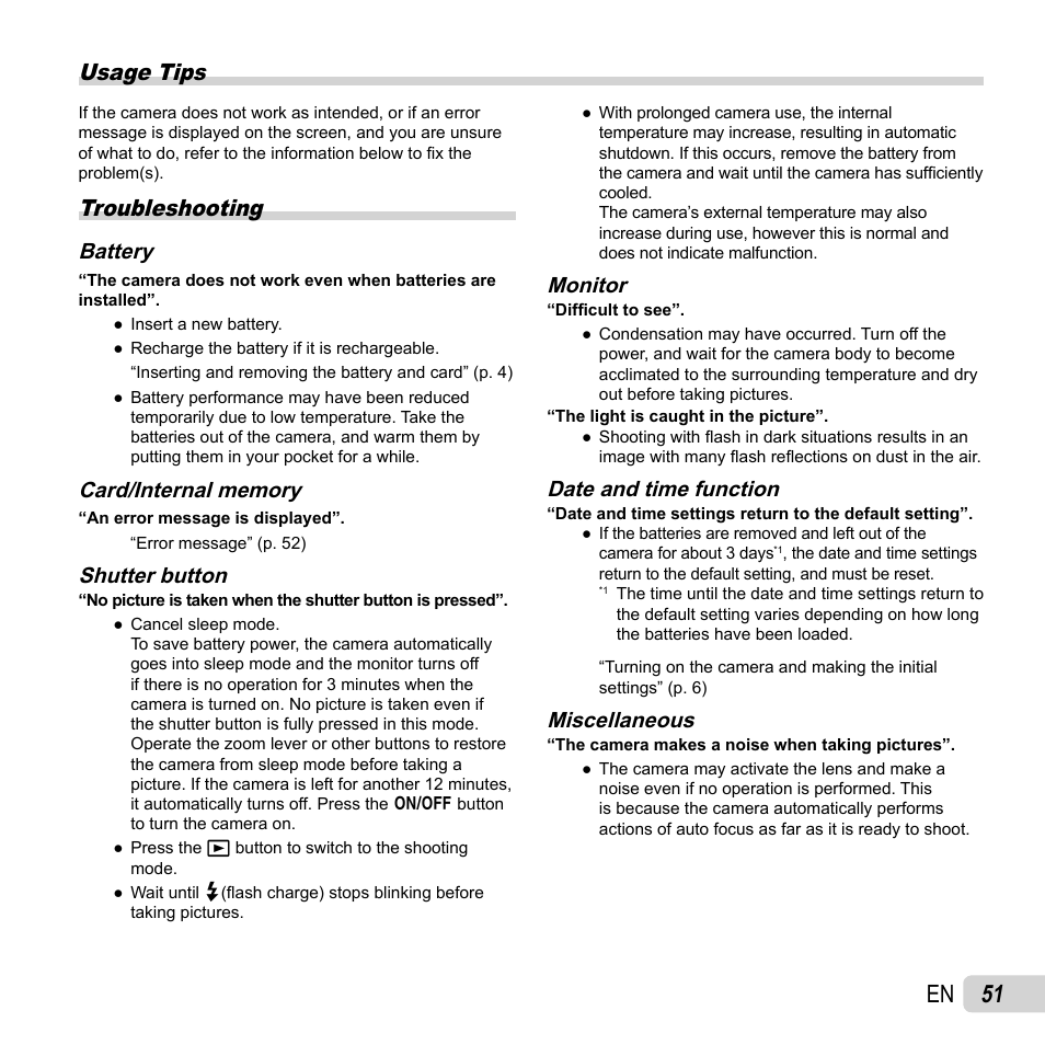 Usage tips, 51 en, Troubleshooting | Battery, Shutter button, Monitor, Date and time function, Miscellaneous | Olympus SP-820UZ User Manual | Page 51 / 76