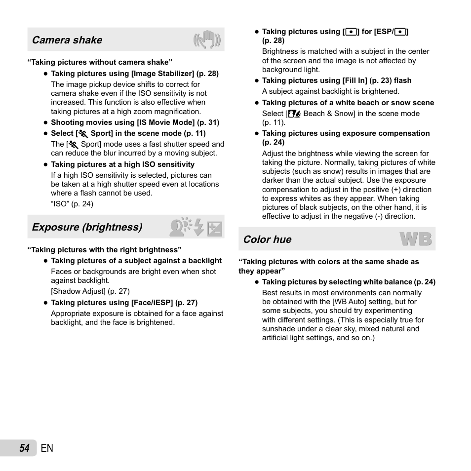 54 en, Camera shake, Exposure (brightness) | Color hue | Olympus SP-820UZ User Manual | Page 54 / 76